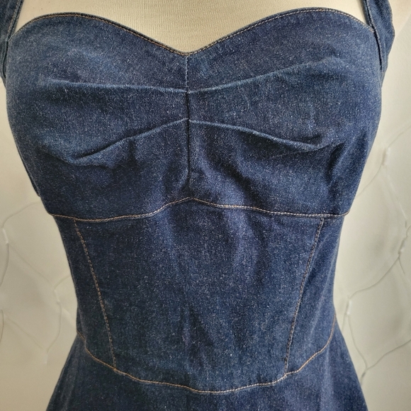 Deep Blue Halter Dress • Zip Up Back • A-Line • Ties At Neck - Picture 3 of 8